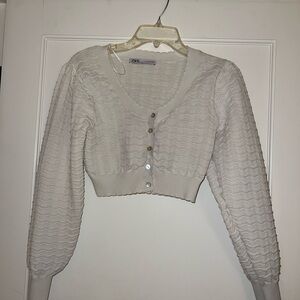 Zara Cropped White Knit Cardigan